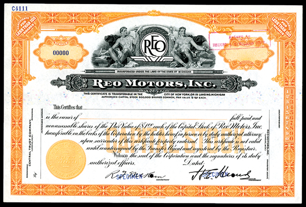 REO Motors, Inc., ND ca.1930-40`s Specimen Stock Certificate. Michigan. Less Than 100 Shares,