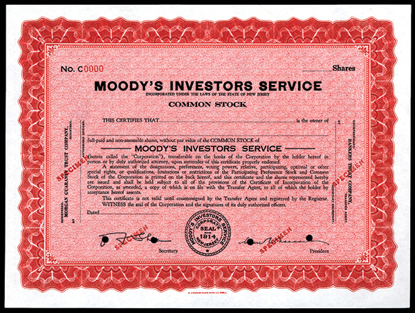Moody`s Investors Service, ND (ca.1920`s), Specimen Stock Certificate. New Jersey,  Specimen Common