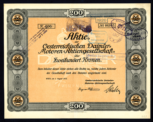 Oesterreichischen Daimler=Motor Aktiengesellschaft, I/U Certificate 1913, 200 Kronen, Austria,