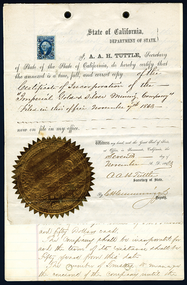 Certificate of Incorporation, 1863 Official copy of ""Imperial Gold & Silver Mining Company"".