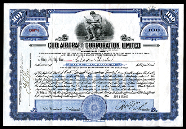 Cub Aircraft Corporation Limited, 1940 Stock Certificate. Canada. 1940. 100 Shares, #C0074, Blue,