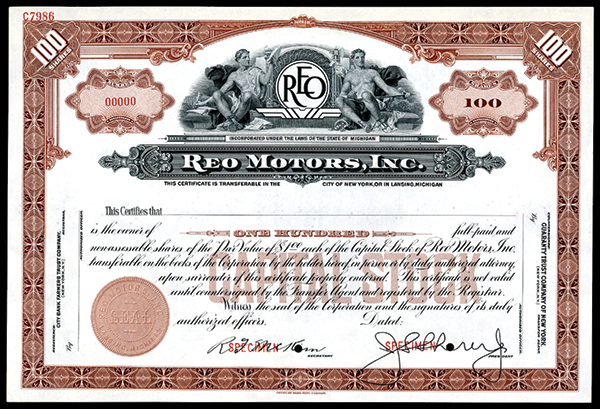 REO Motors, Inc., ND ca.1930-40`s Specimen Stock Certificate. Michigan. 100 Shares, Specimen, Black