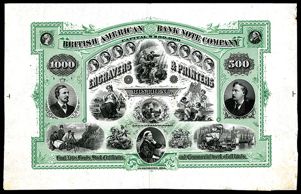 British American Bank Note Company Engravers & Printers,  ND (ca.1860`s) Dramatic Proof Security