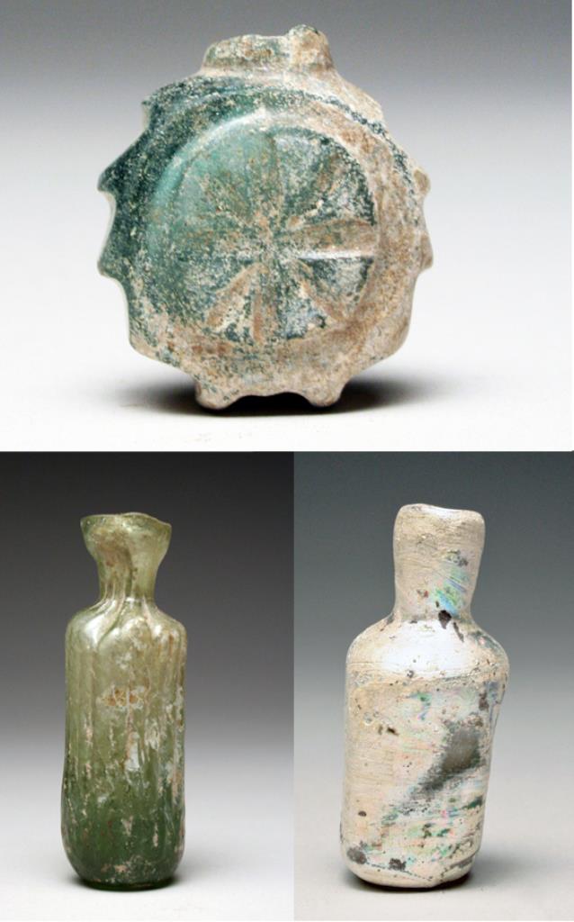 Three Ancient Islamic Glass Perfume Bottles   Islamic, ca. 700 CE - 1000 CE. Beautiful trio of