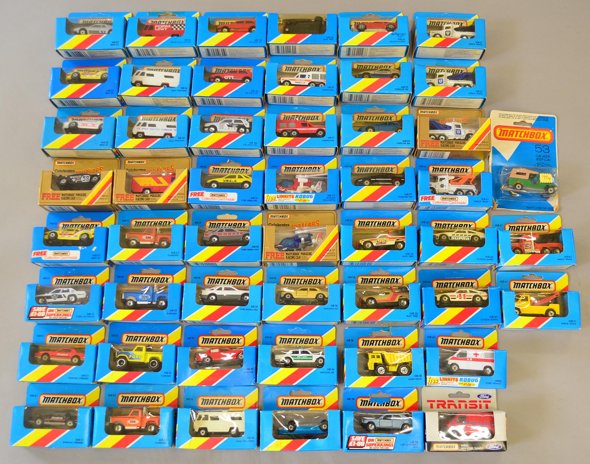 Matchbox diecast models in blue window boxes, made in Macau: 41 x models, no. 51-61 including