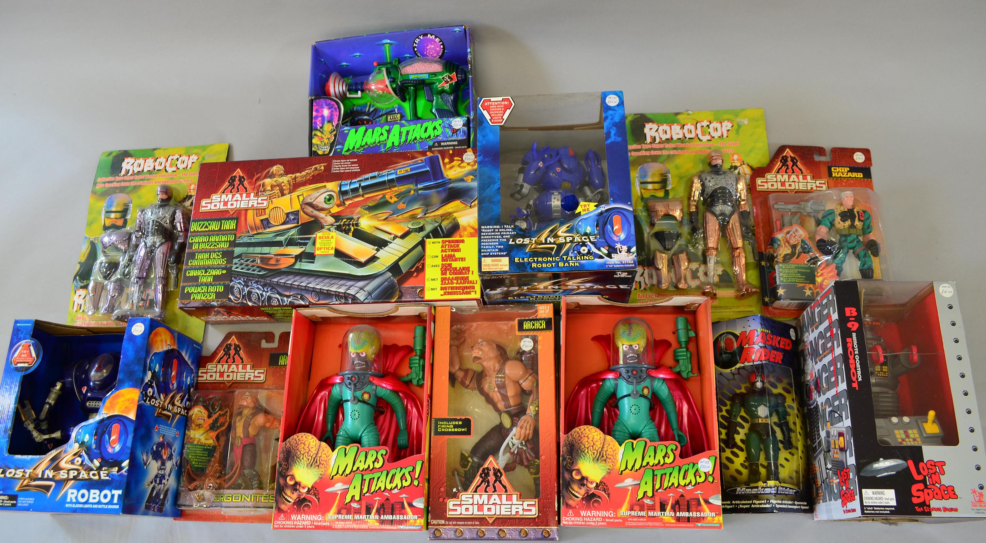 TV related action figures: four Hasbro Small Soldiers; two PMS Robocop; Bandai Masked Rider; three