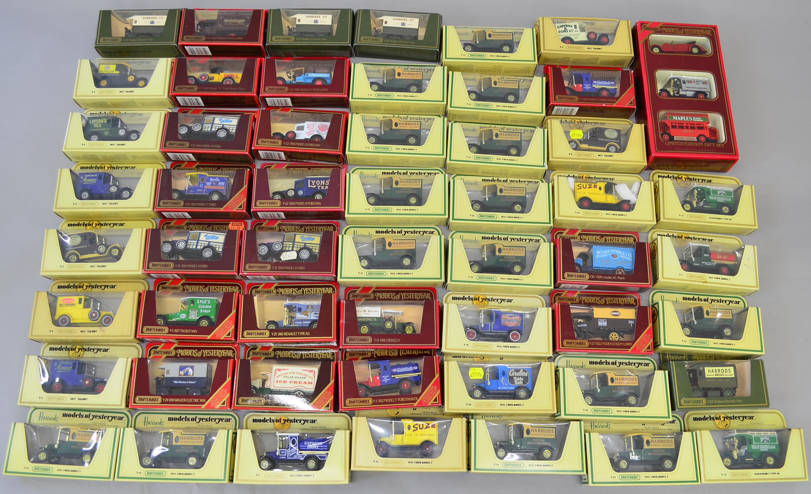 54 x Matchbox Models of Yesteryear diecast models in red and cream window boxes: 53 x models; one
