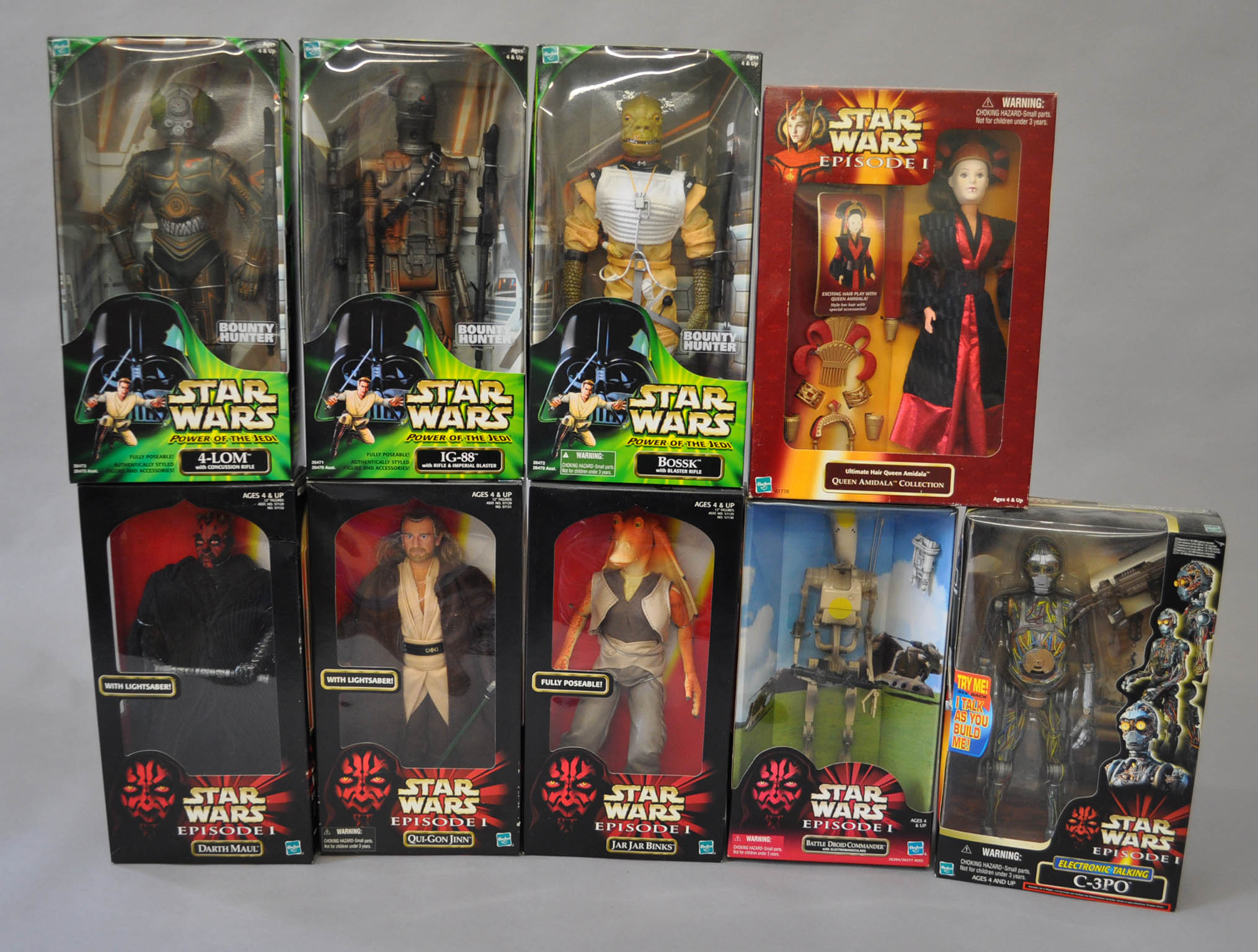 Hasbro Star Wars large size action figures: five Episode I (Darth Maul, Battle Droid Commander,