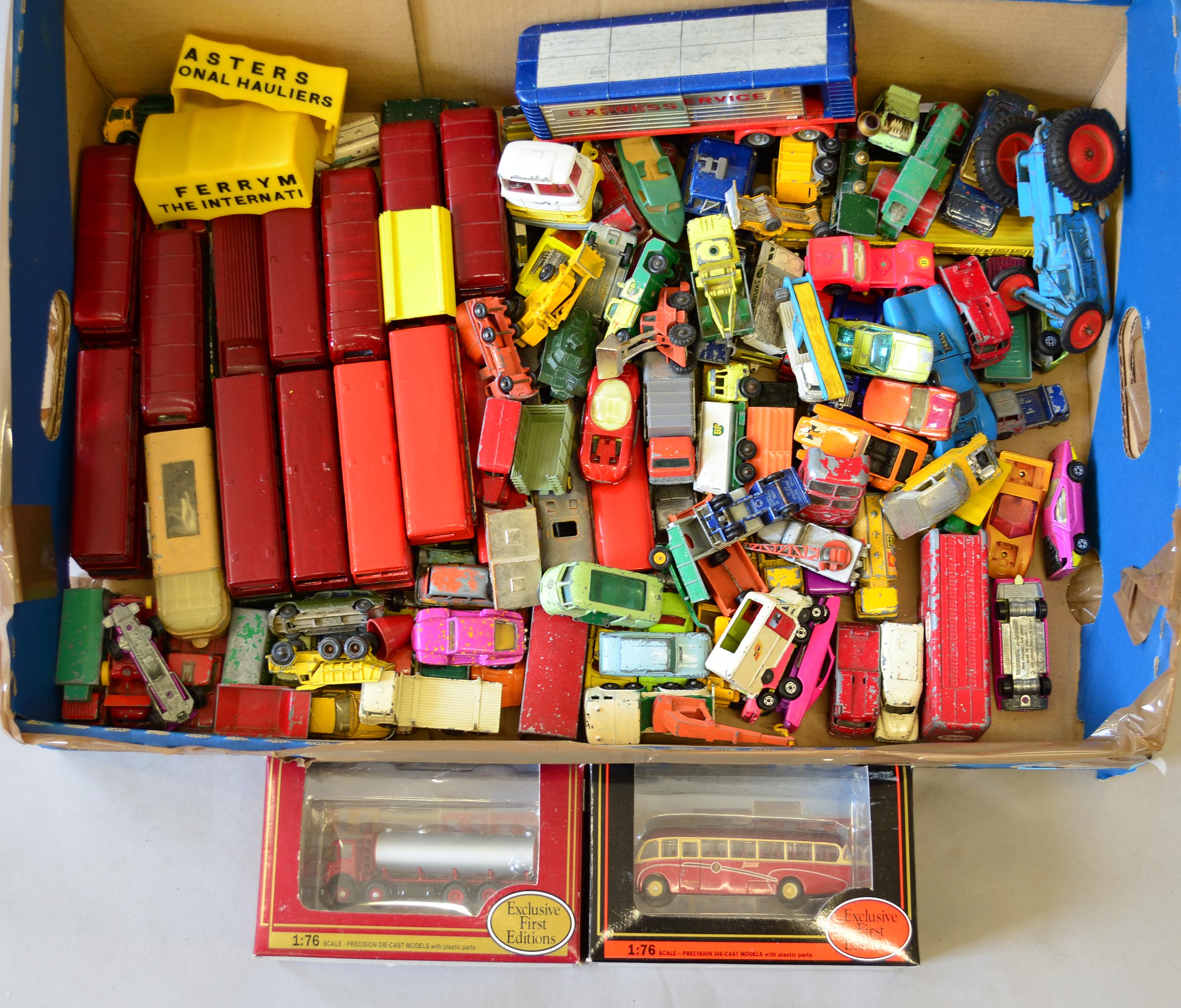 Quantity of playworn unboxed die-casts by Matchbox and others, together with two boxed EFE models.