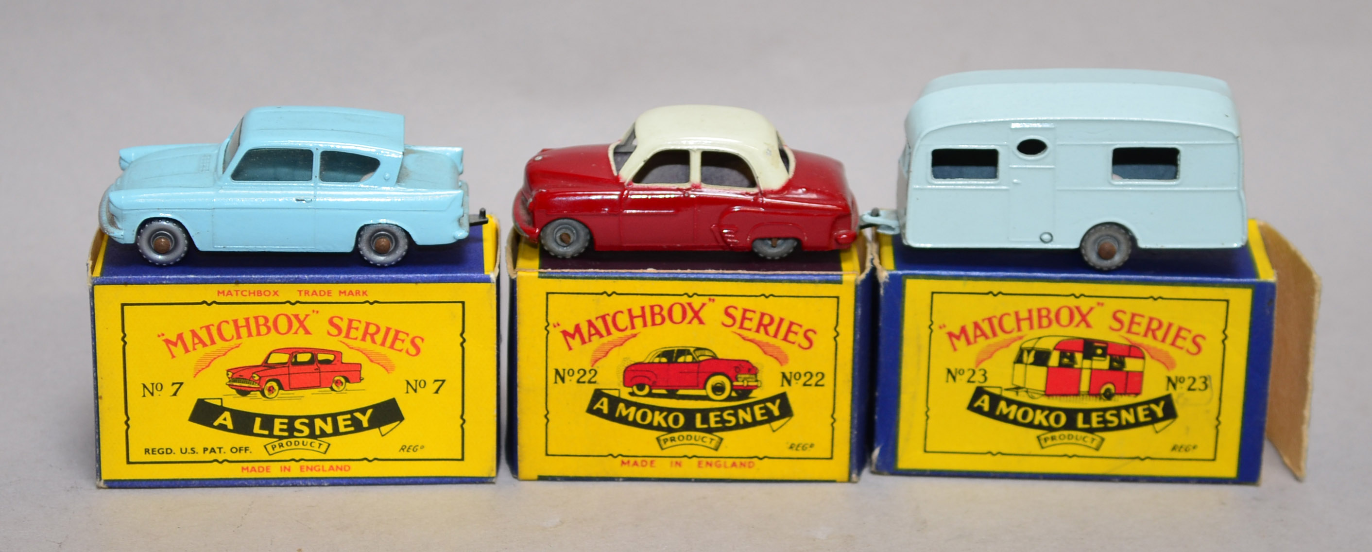 Three Matchbox diecast models: Moko Lesney no. 23 Berkeley Cavalier Caravan (part of end flap
