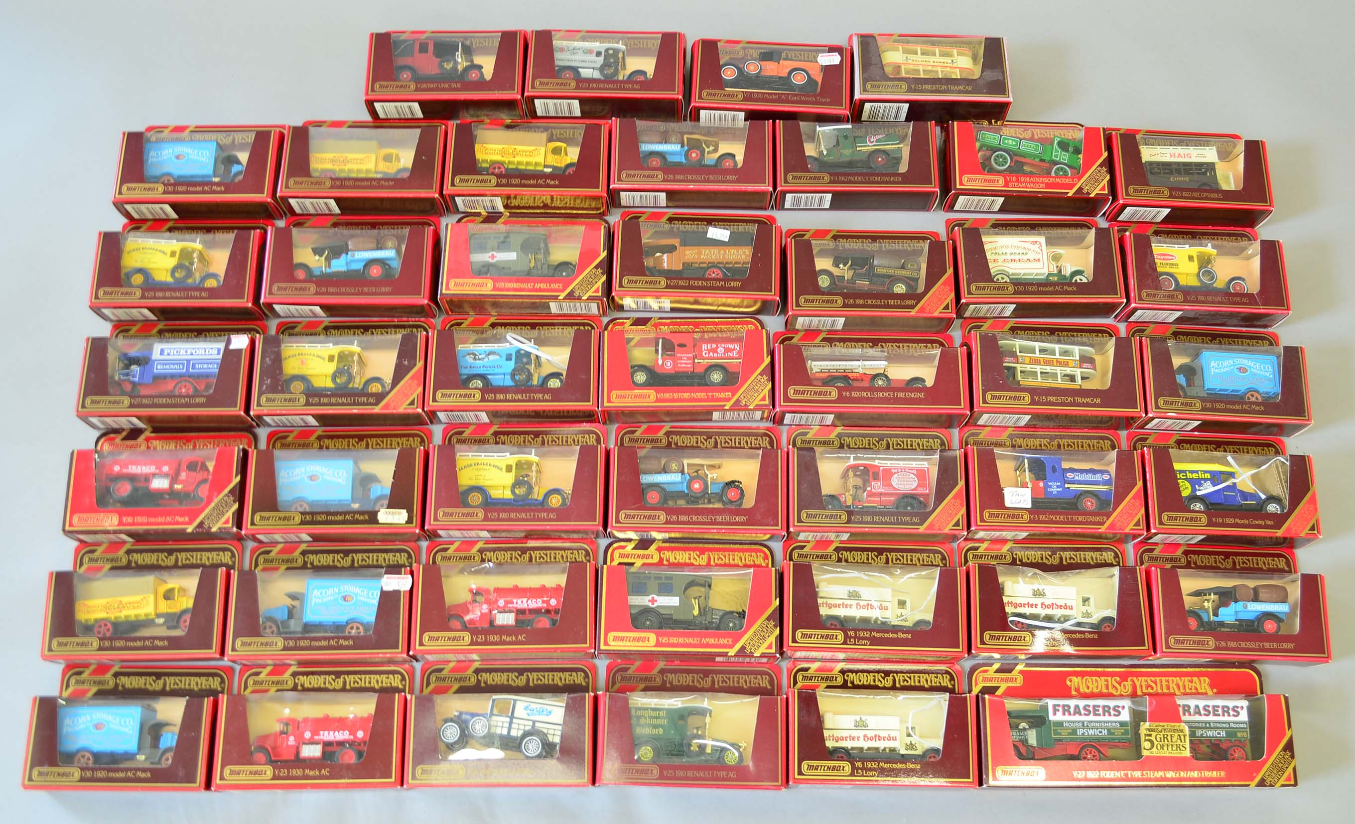46 x Matchbox Models of Yesteryear diecast models in red window boxes. Overall appear VG.