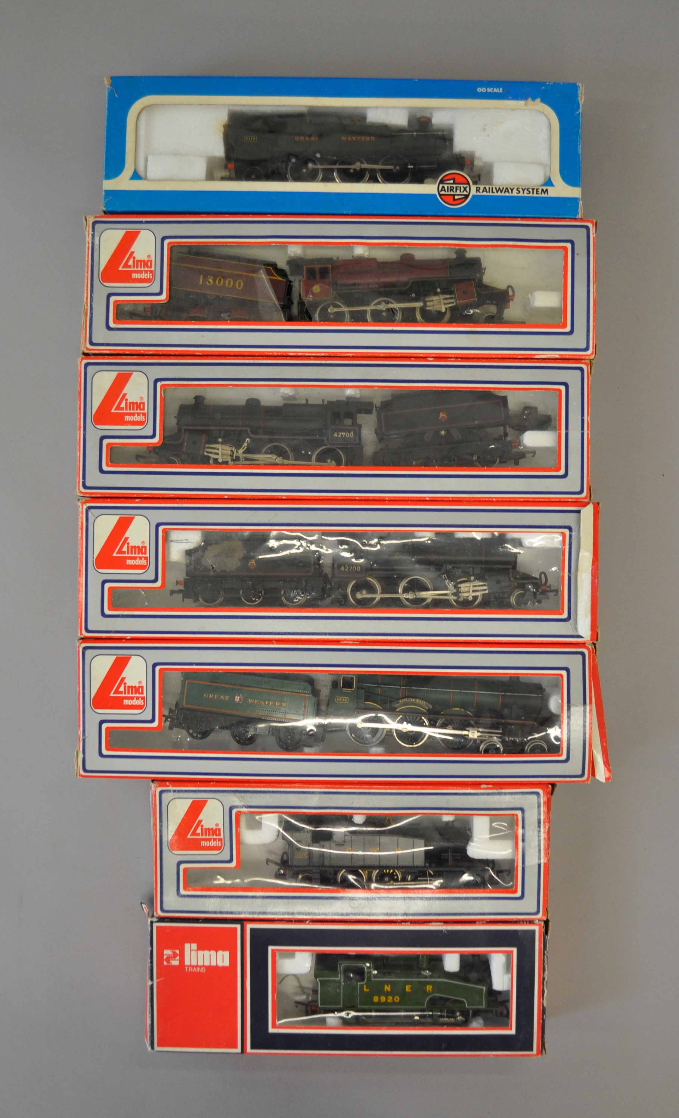 OO gauge, 7 x steam locomotives, mostly Lima, one in incorrect box: Triang 4-6-0 GWR `Kneller Hall`