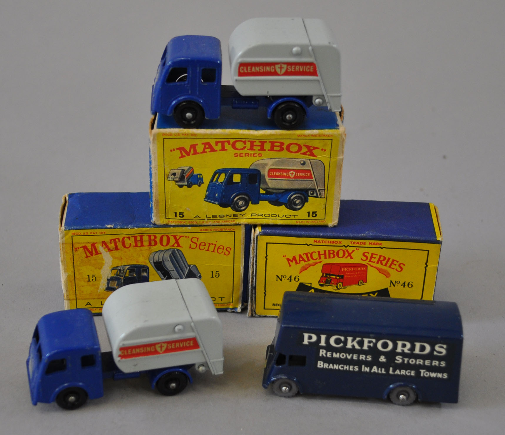 Three Lesney Matchbox models: 46 Pickford`s Removal Van, dark blue with GPW (G in F repaired box);