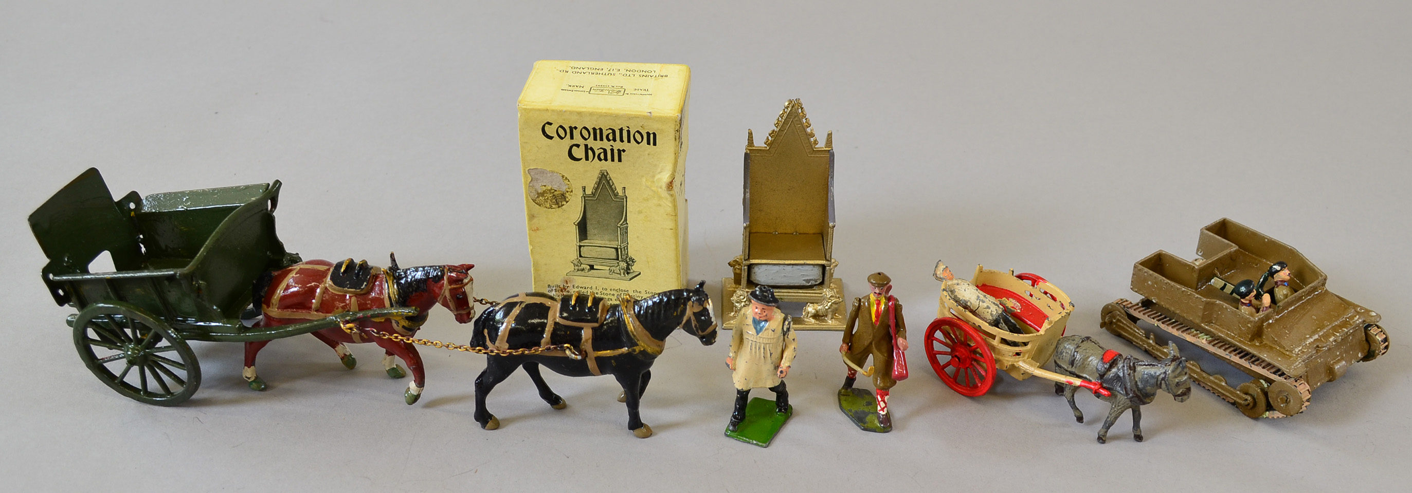 Selection of lead figures, includes: Britains Horse Drawn Cart; Charbens Donkey Cart; Britains 86D