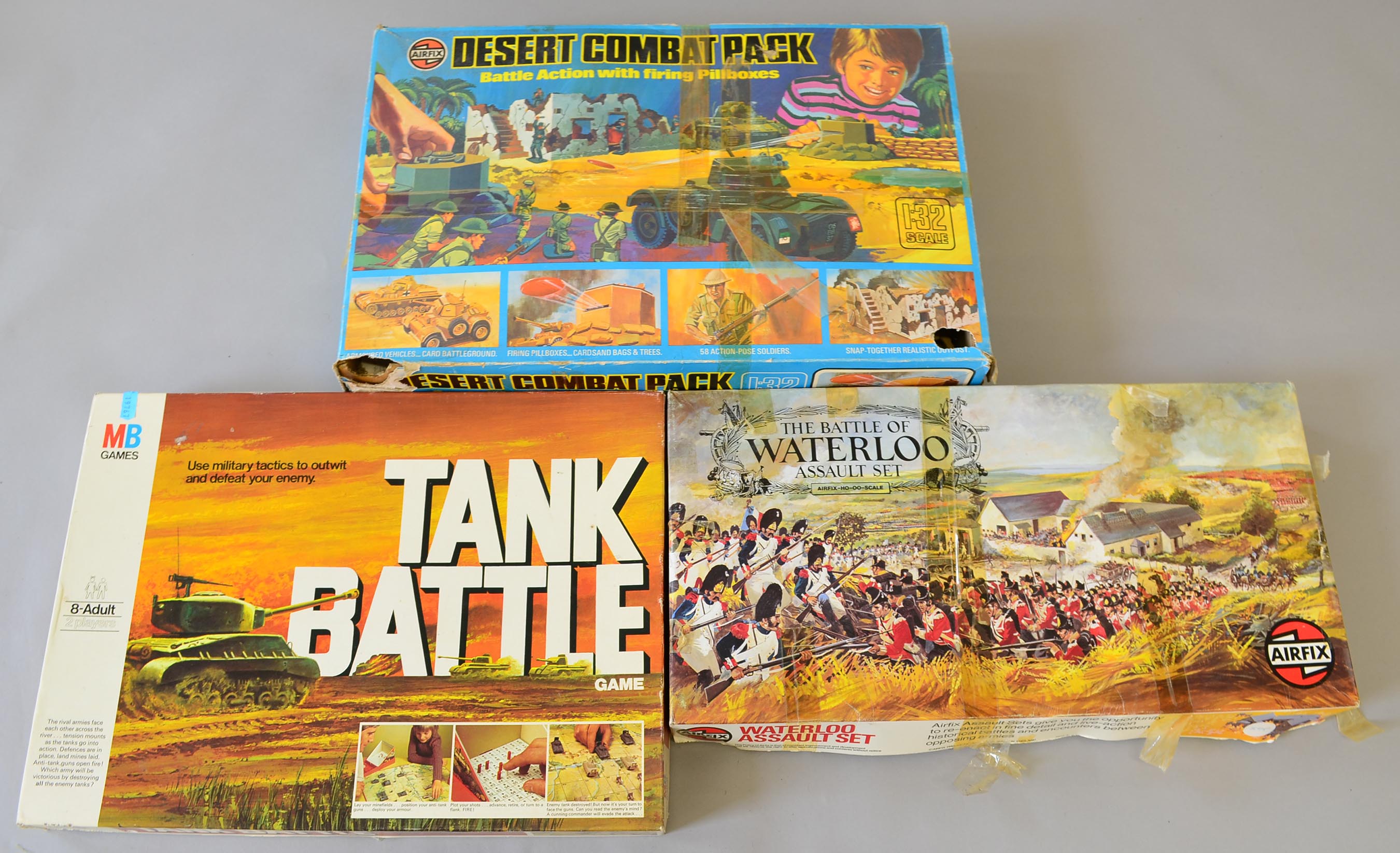 Three wargaming sets: Airfix HO/OO The Battle of Waterloo Assault Set; Airfix Desert Combat Pack;