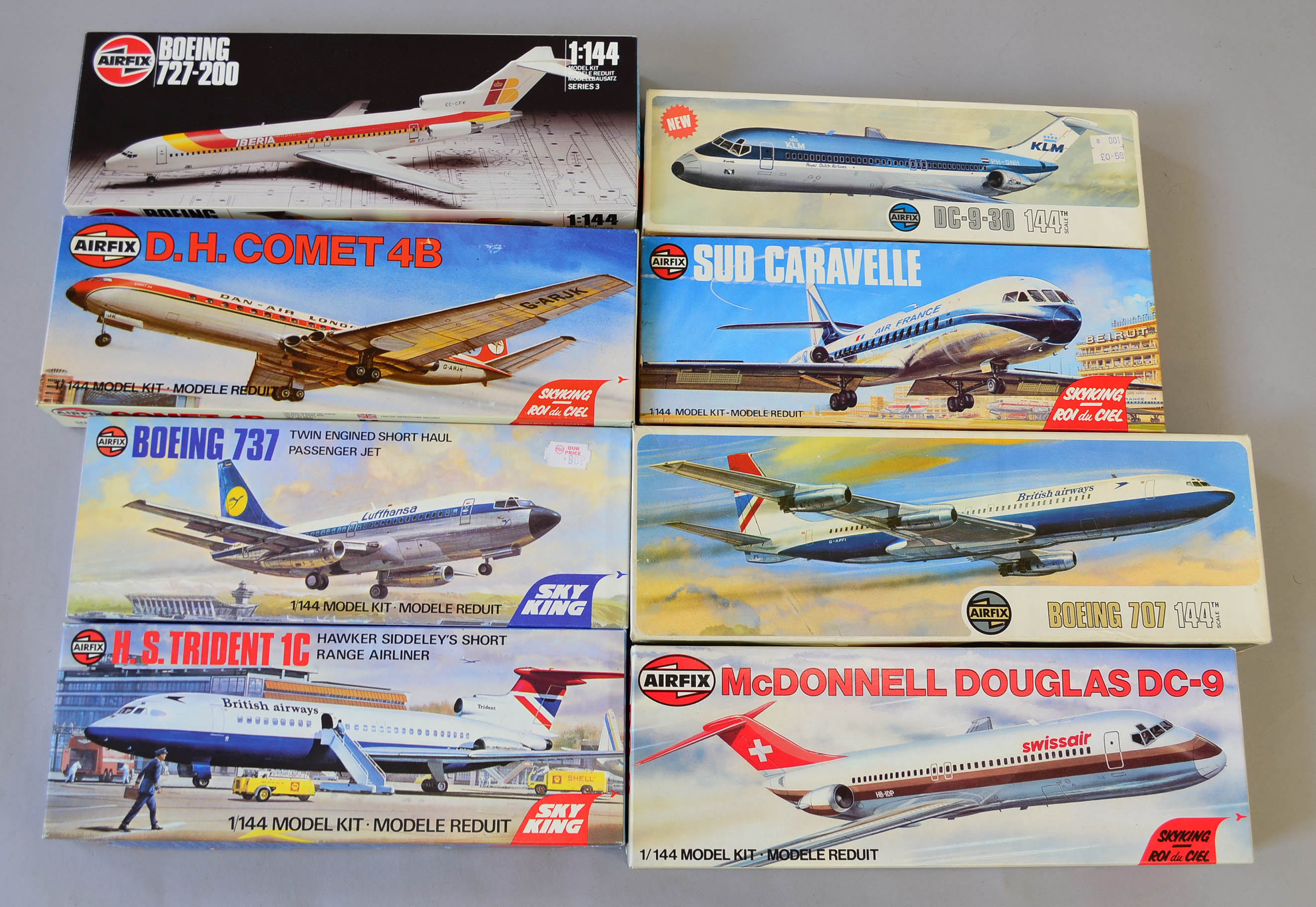 Eight Airfix plastic model kits, all passenger planes: 3179; 4170; 3174; 3170; 3180; 3177; 3176;