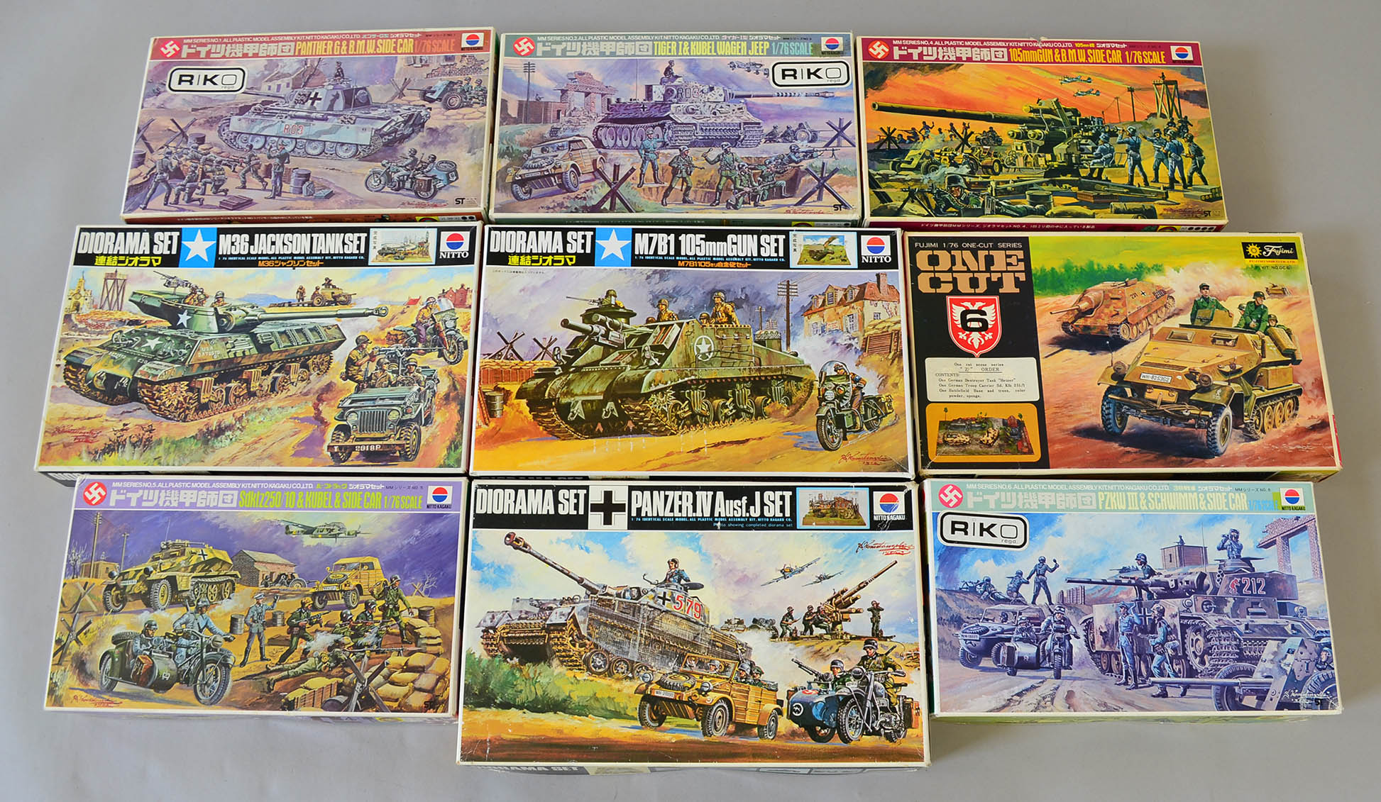 Nine plastic model kits, all tanks, mostly Nitto. All boxed, unstarted but missing bases. (9)