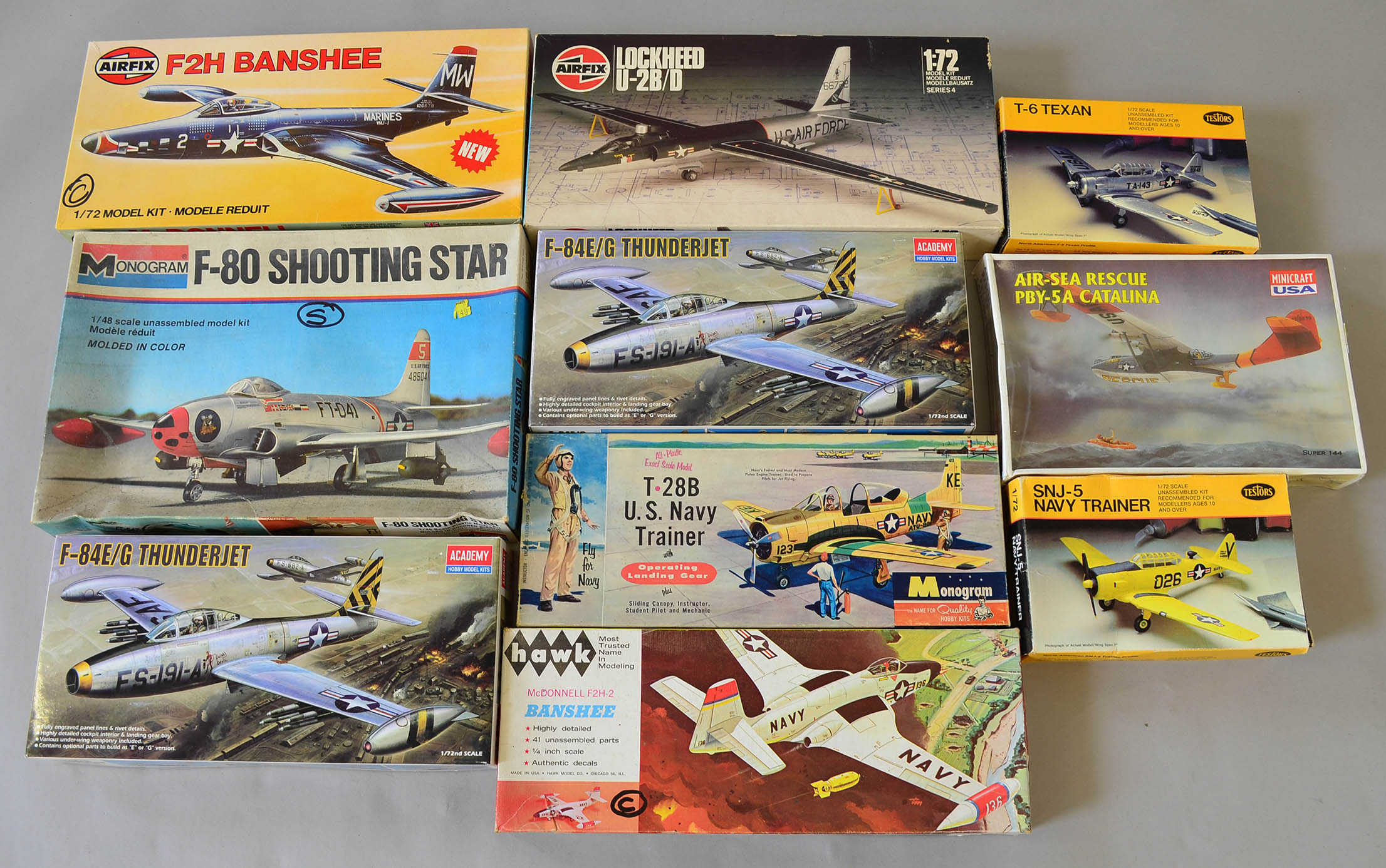 Nine plastic model kits, all military aircraft, by Airfix, Academy and similar. All boxed,