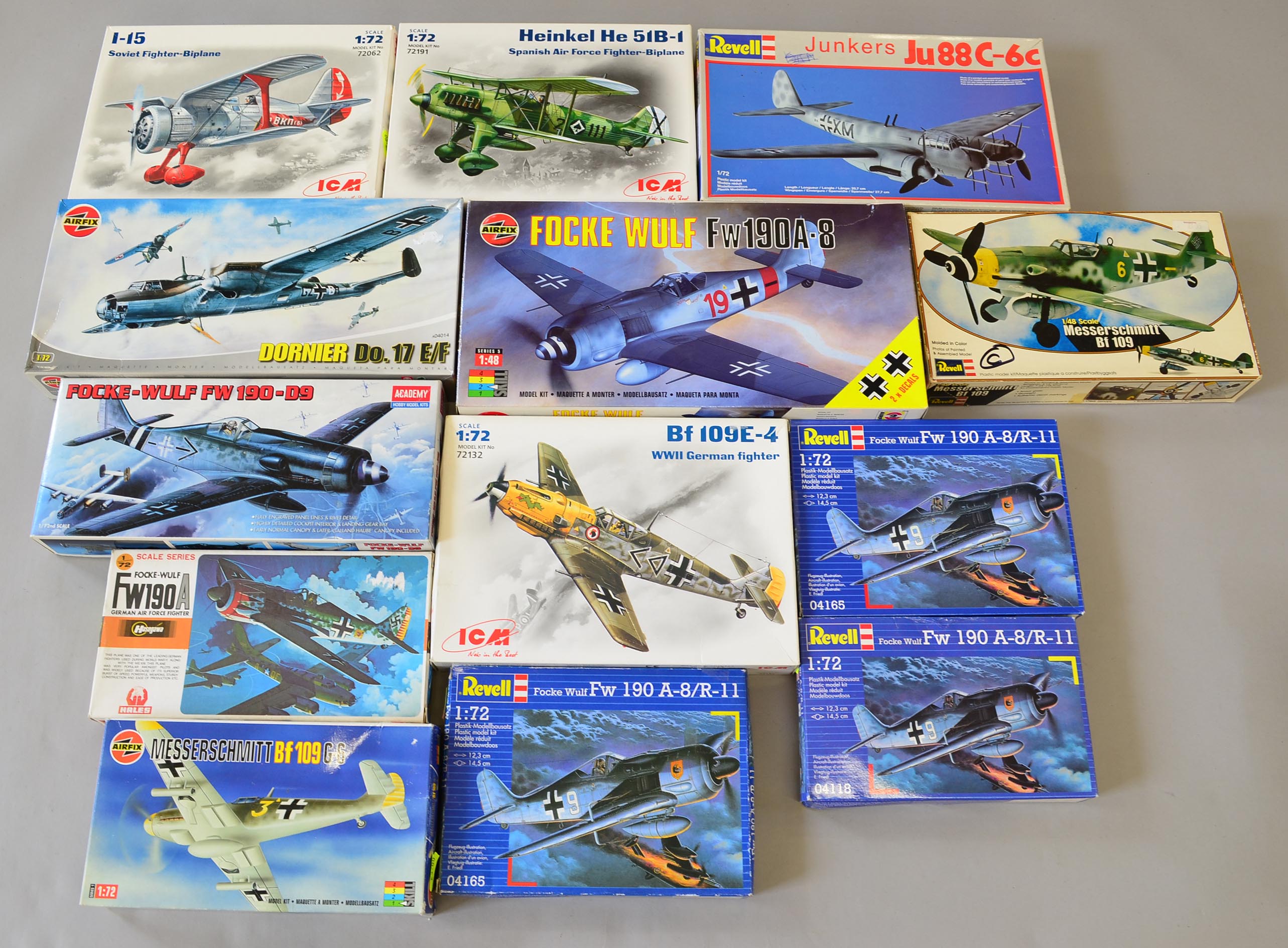 13 x plastic model kits, all military aircraft, by Revell, ICM and similar. All boxed, unstarted