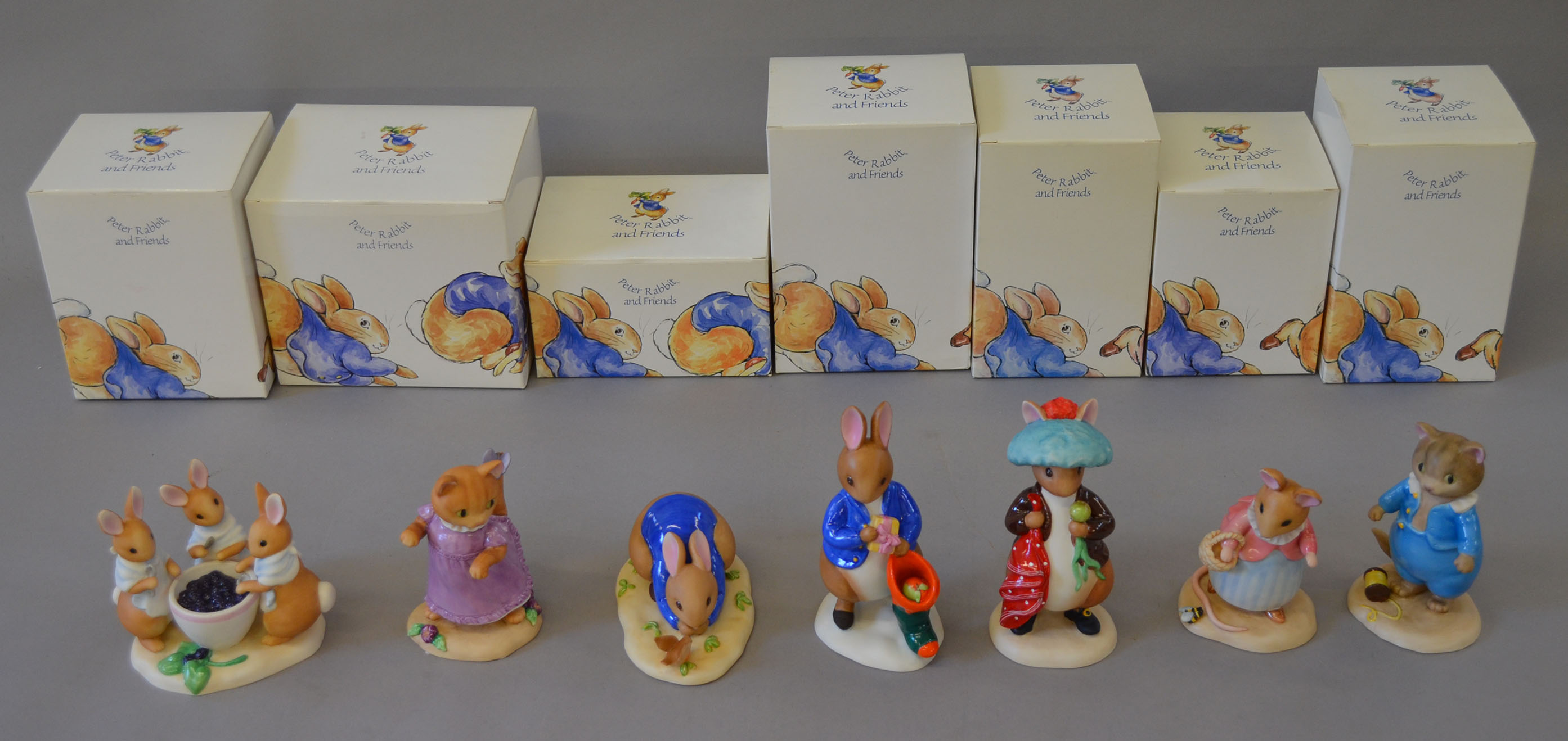 Seven Border Fine Arts Peter Rabbit and Friends china figurines: A2450 Peter Rabbit with Robin;