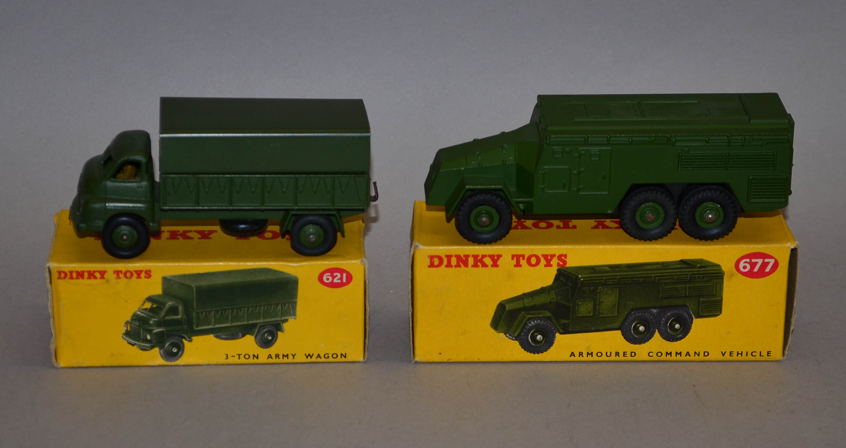 Two Dinky Toys military models: 677 Armoured Command Vehicle; 621 3-Ton Army Wagon. VG in G/VG