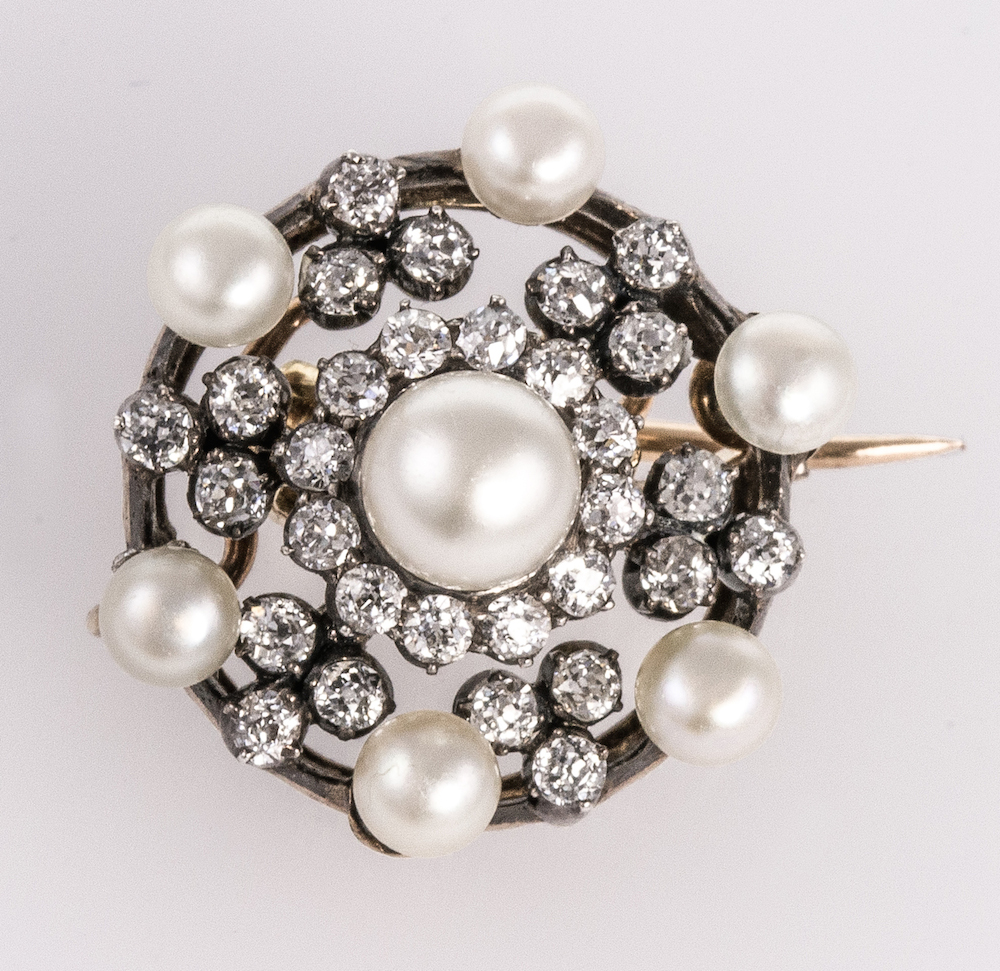 A Certificated Pearl and Diamond Target BroochA certificated Pearl and Diamond Target Brooch, the