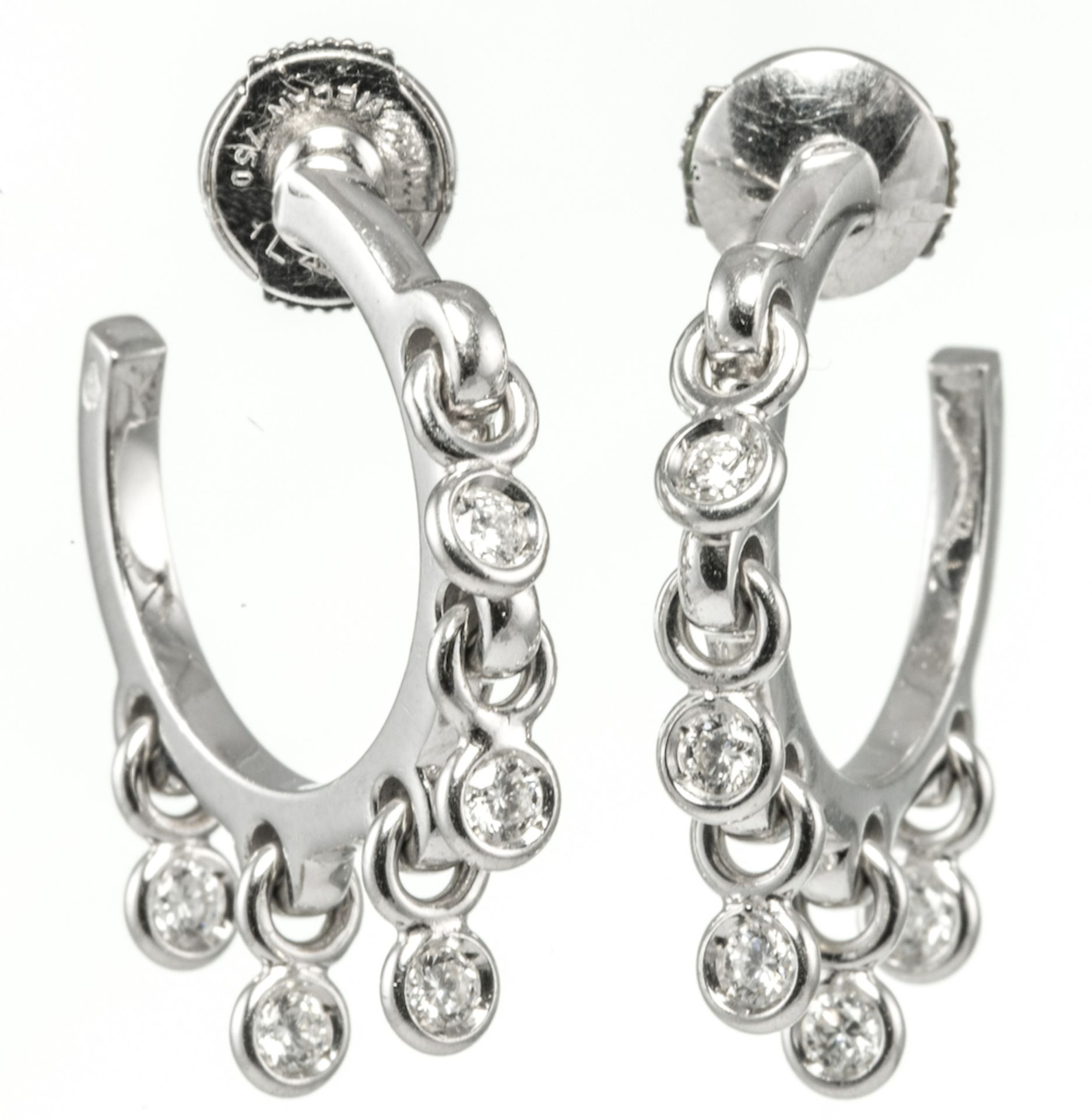 DIOR - Pair of hoop earrings, each set with five diamond drops, signed Dior and no.B3414, mounted