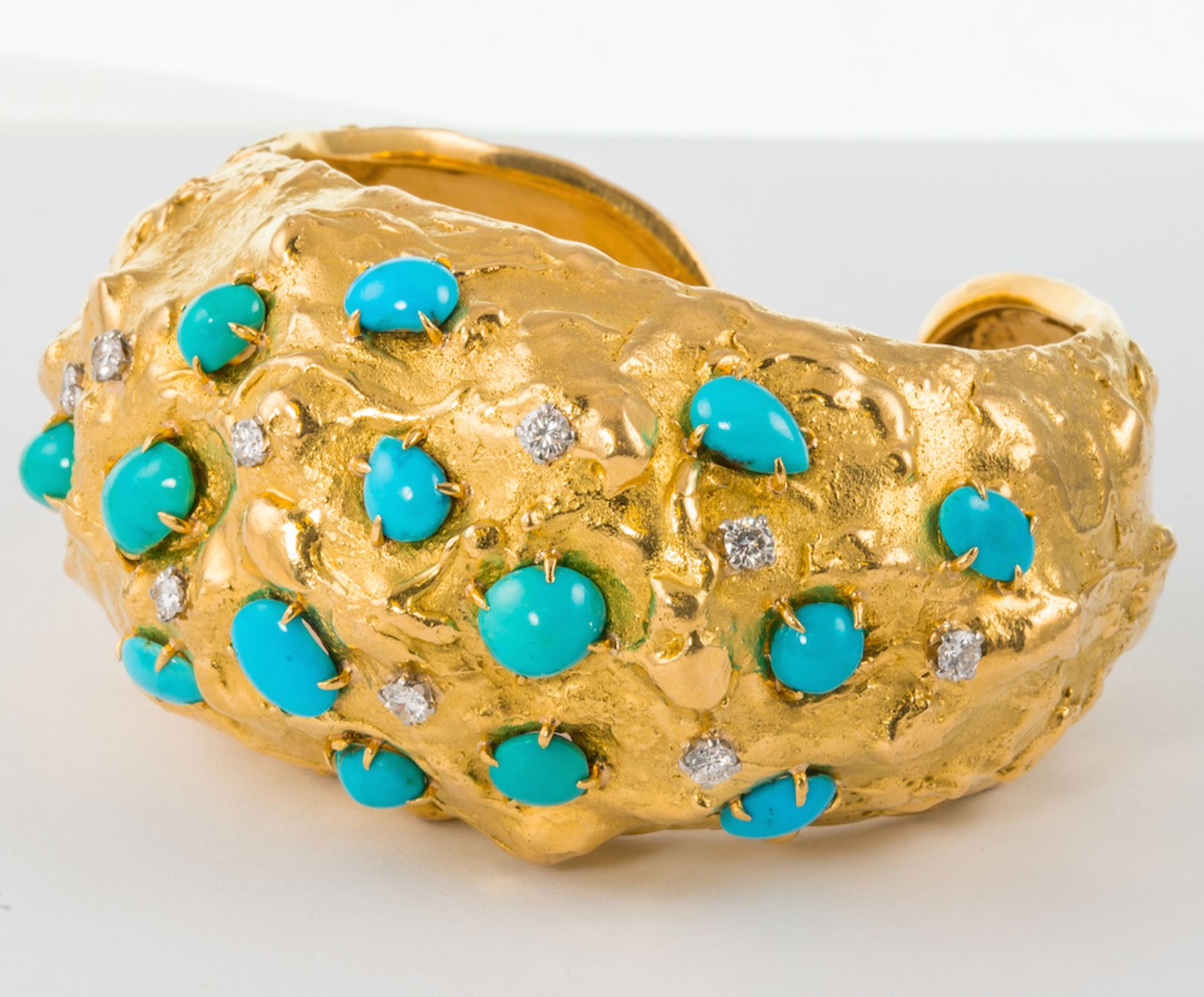 DAVID WEBB - turquoise, diamond cuff bracelet, the highly textured hinged open cuff of broad bombe