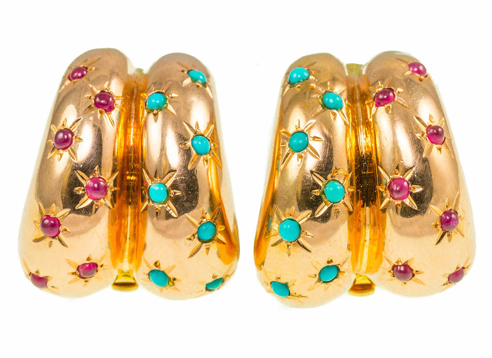 A pair of retro rose gold, turquoise and ruby earrings combined weight 25.4g, length 2.5cm On view