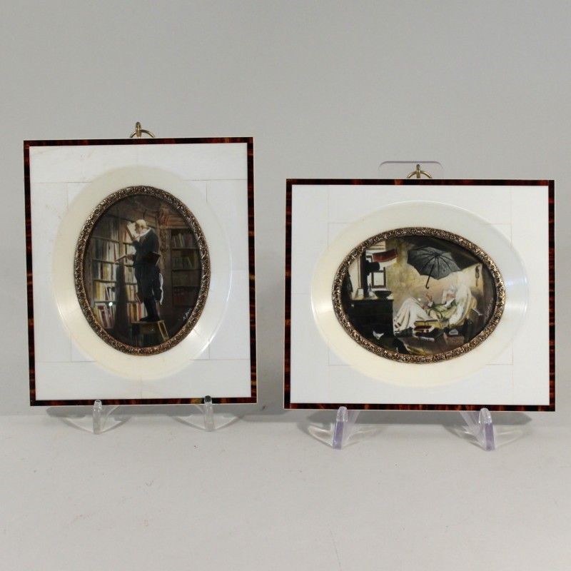 Miniaturen  2 St., Elfenbein, Der arme Poet/Der Bücherwurm, Horneinlagen, ca.12,5x14,5cm