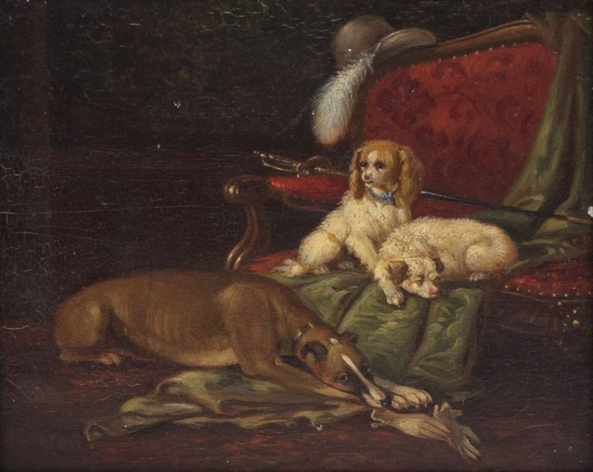 Vincent DE VOS (1829-1875)  "Zwei Cocker-Spaniel auf dem Sofa, davor liegend ein Windhund"