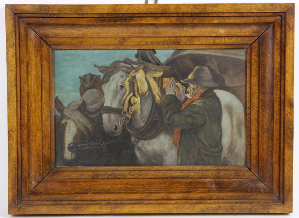 Kutscher  Öl/Malplatte unsigniert, querformatige Darstellung eines Kutschers mit seinen Pferden in