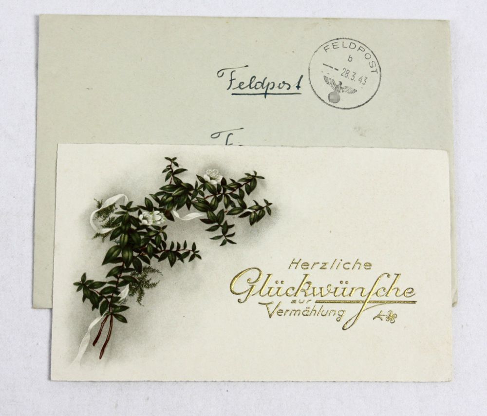 Anlasskarte im Kuvert Feldpost 1943  goldgeprägte Glückwunschkarte zur Vermählung mit umseitiger