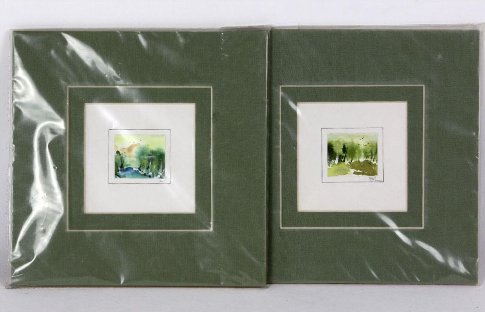 2 Miniatur Aquarelle  2 undeutlich signierte Aquarelle mit Landschaftsdarstellungen von ca. 4 x 3,