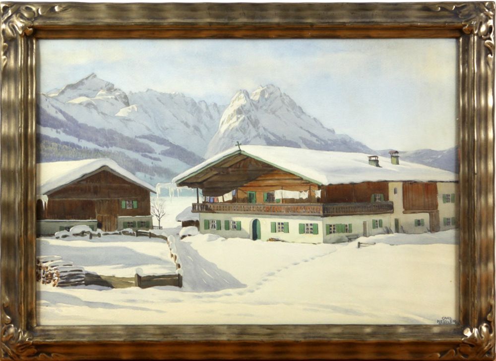 Gebirgslandschaft im Winter - Kessler, Carl  Aquarell rechts unten signiert Carl Kessler u. ortsbez.