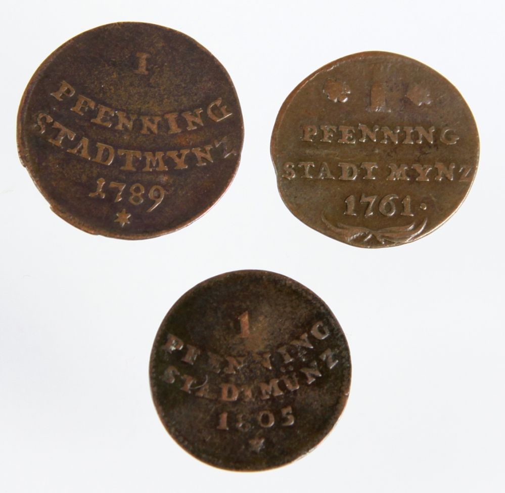 3 Stadtmünzen 1761/1805  dabei 3 x 1 Pfennig Augsburg, je mit 5-zeiliger Aufschrift *1 Pfennig