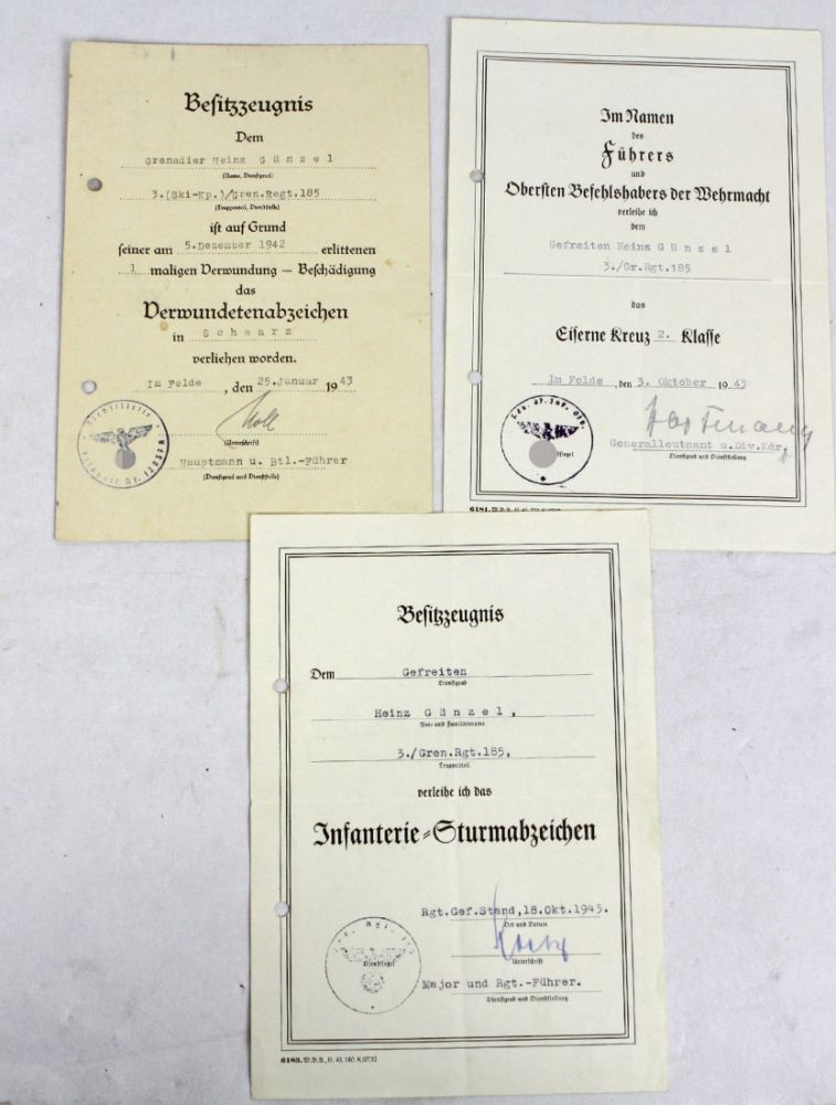 3 Verleihungs Urkunden 1943  Konvolut von 3 Verleihungs Urkunden an Heinz Günzel datiert, signiert