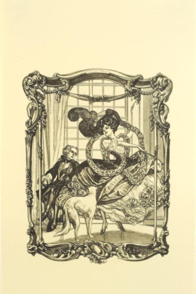 Ex Libris.  Dame mit Kavalier und Hund. Vor der Schrift. Lithographie auf Japanpapier. 17 x 11 cm