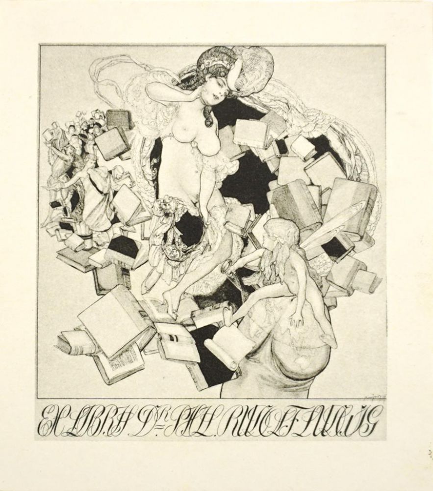 "Ex Libris Dr. Phil. Rudolf Ludwig."  Erotische Darstellung. Lithographie. Ca. 11,5 10 cm