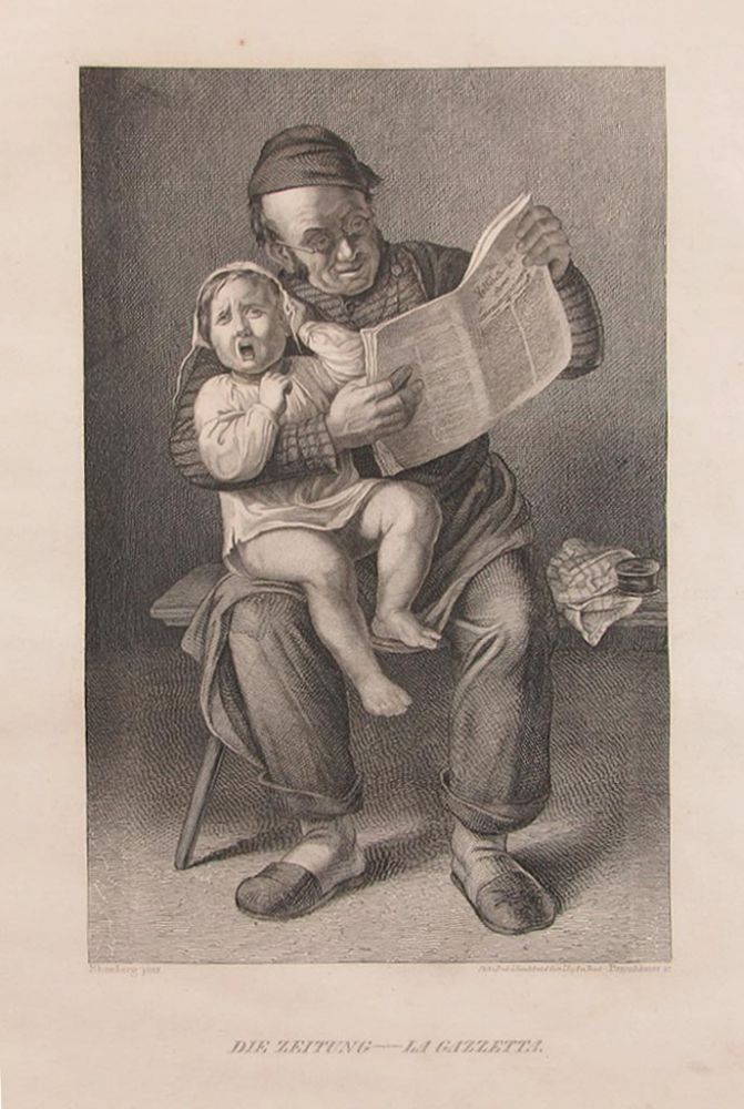 "Die Zeitung".  Zeitungsleser mit schreiendem Kind auf dem Schoß. Stahlstich. Bildgr. 17,5 x 11 cm
