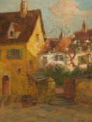 Feucht, Theodor 1867-1944 - Village angle, oil / cardboard, signed, approx 47x37cm, frame