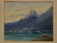 Unknown - Lake with prominent mountain peak, watercolor on paper, re. illegibly signed lower,