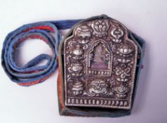 Portable 'Gau'- Tibet, metal case, relief decoration with the ''Ashtamangala'' (eight Buddhist