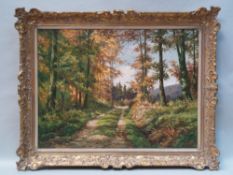 Blum, Adolf (* 1906 Bergen-Enkheim) - Autumn Forest Path, oil on canvas, signed and dated [19] 74