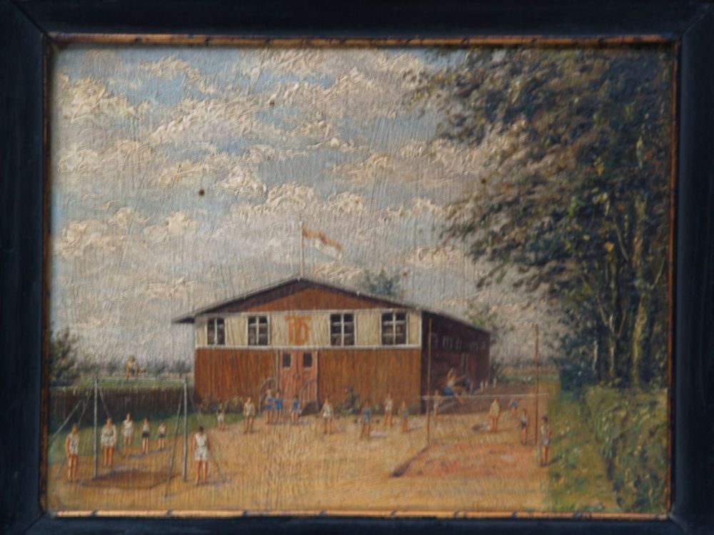 Anonymous-1920's - Sports meeting at a gymnastics club house, oil / cardboard, about 23, 5x30,
