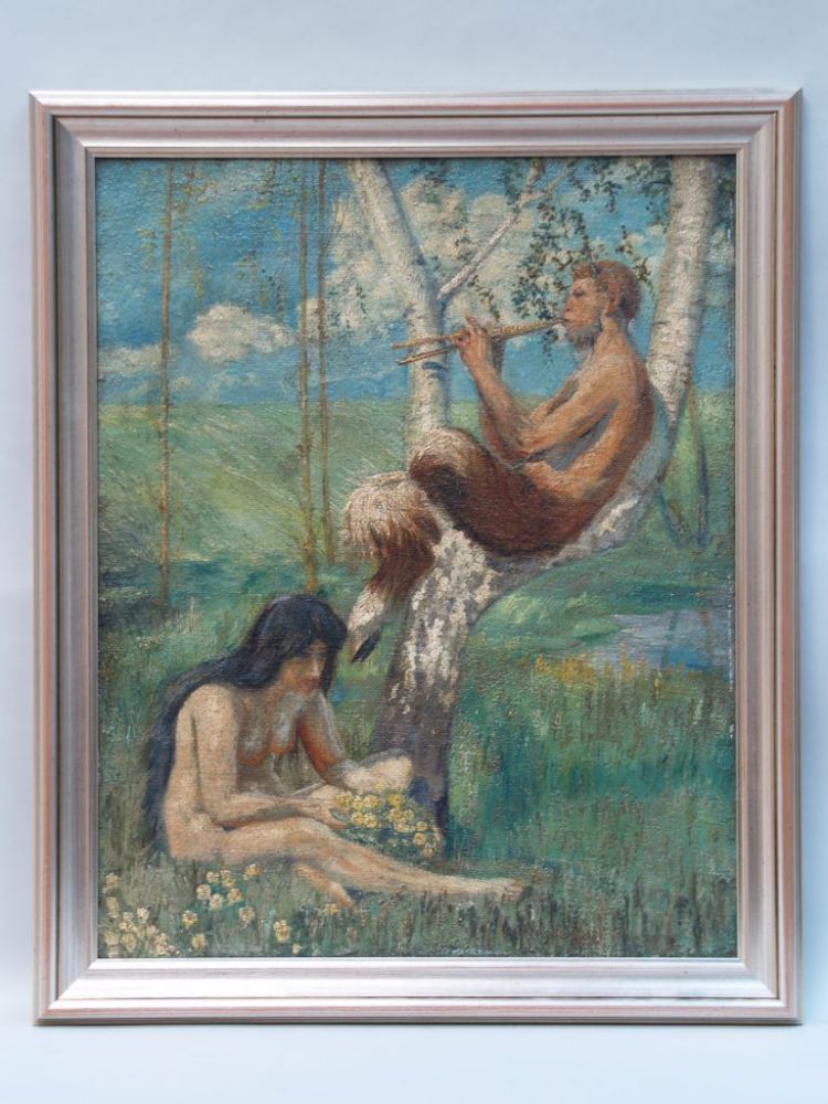 Art Nouveau Artist -after 1900 - Flute-playing Pan with nymph, oil on canvas, lower right nearly