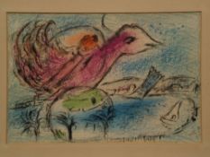 Chagall, Marc (1887-1985) - Flying bird and a pair of lovers, color lithograph, mounted,framed under
