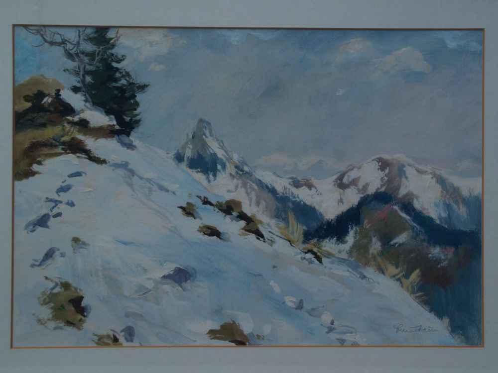 Unknown 20th century. -Snow-covered mountain peaks, mixed media, signed lower right, illegible,