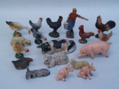 Mixed Lot: 18 Farm-mass figures - 17 animals / 1 Farmer with a bucket- partly marked Elastolin /