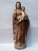Madonna with Child - carved wood statue, paint, crowned Madonna with the Christ child in her arm